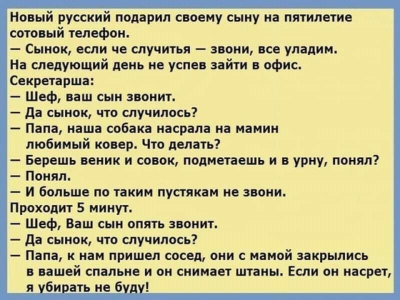 Новый русский подарил своему сыну на пятилетие сотовый телефон Сынок если че случитья звони все уладим На следующий день не успев зайти в офис Секретарша Шеф ваш сын звонит да сынок что случилось Папа наша собака насрала на мамин любимый ковер Что делать Берешь веник и совок подметаешь и в урну понял Понял И больше по таким пустякам не звони Проходит 5 минут Шеф Ваш сын опять звонит да сынок что с