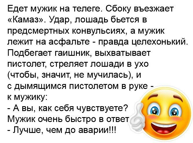 Едет мужик на телеге Сбоку въезжает Камаз Удар лошадь бьется в предсмертных конвульсиях а мужик лежит на асфальте правда цепехонький Подбегает гаишник выхватывает пистолет стреляет лошади в ухо чтобы значит не мучилась и с дымящимся пистолетом в руке к мужику А вы как себя чувствуете Мужик очень быстро в ответ Лучше чем до аварии