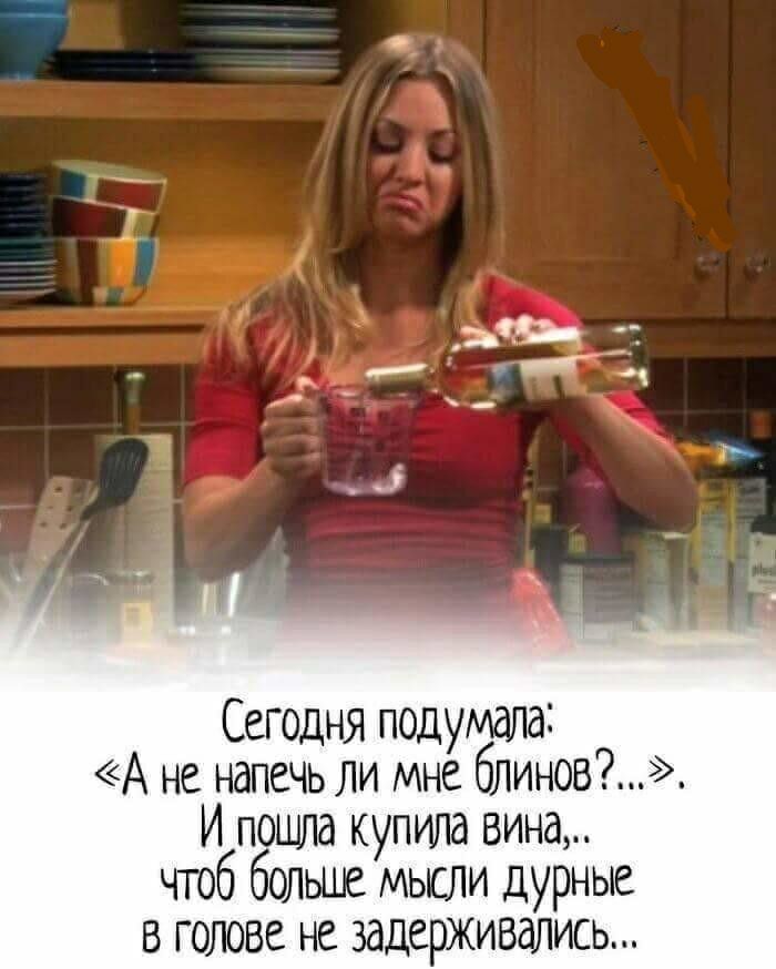 Сегодня подумала А не напечь ли мне блинов И пошла купила вина чтоб больше мысли дурные в голове не задерживались