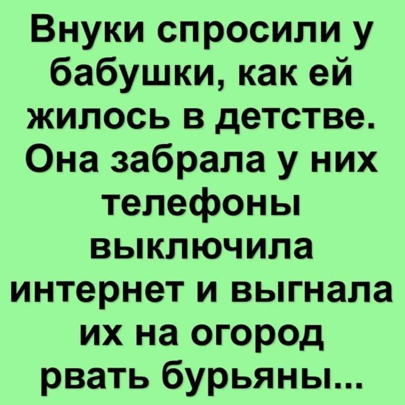 Внуки спросили у бабушки как ей жилось в детстве Она забрала у них телефоны выключила интернет и выгнала их на огород рвать бурьяны