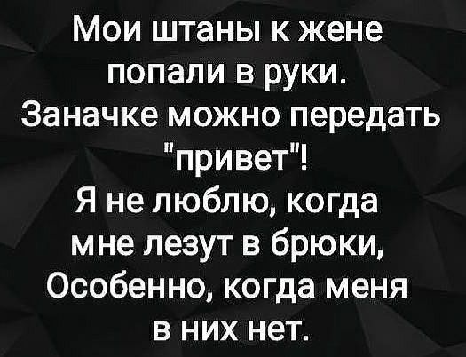 Мои штаны к жене попали в руки Заначке можно передать привет Я не люблю когда мне лезут в брюки Особенно когда меня в них нет