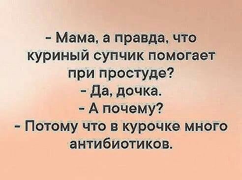 Мама а правда чтэ куриный сУпчик помогает при простУде Да дочка А почемУ Потому Что в куроЧкё много антИбИотиков