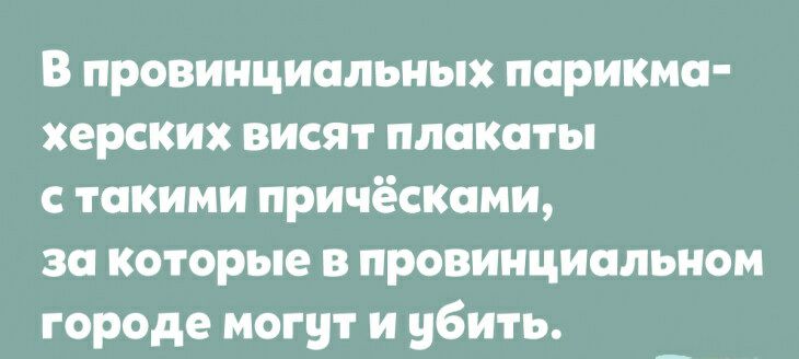 В провинциальных парикма херских висят плакаты с такими причёсками за которые в провинциальном городе могут и убить