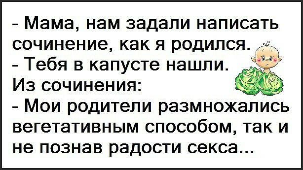 Мама нам задали написать сочинение как я родился Тебя в капусте нашли Из сочинения Мои родители размножались вегетативным способом так и не познав радости секса