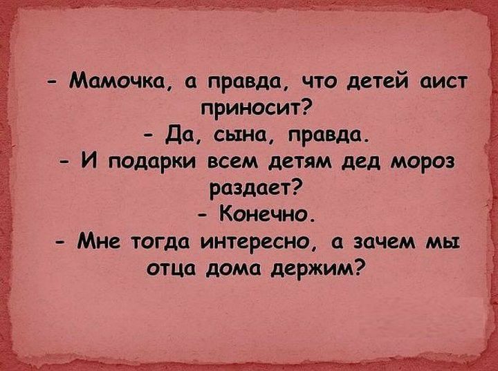 Мамочка а правда что детей аист приносит Да сына правда И подарки всем детям дед мороз раздает Конечно Мне тогда интересно а зачем мы отца дома держим