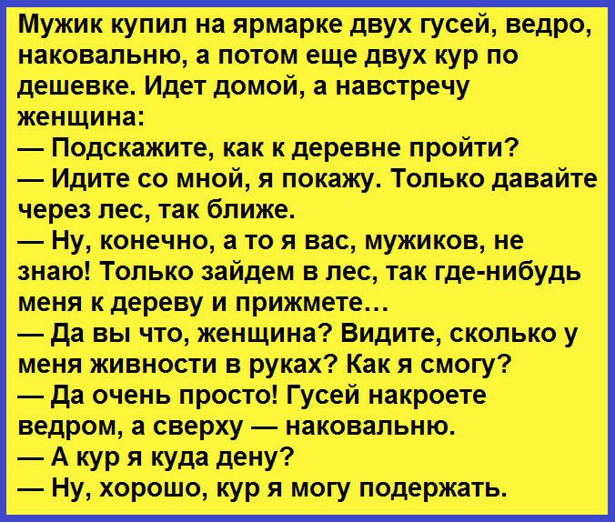 Мужик купил на ярмарке двух гусей ведро наковальню а потом еще двух кур по дешевке Идет домой а навстречу женщина Подскажите как к деревне пройти Идите со мной я покажу Только давайте через лес так ближе Ну конечно а то я вас мужиков не знаю Только зайцем в лес так где нибудь меня к дереву и прижмете да вы что женщина Видите сколько у ценя швиости в руквх Как я смогу да очень просто Гусей накроете