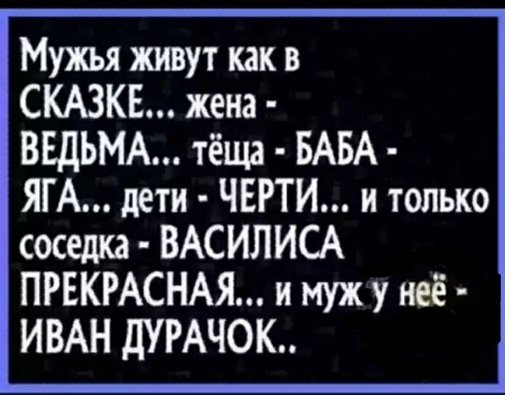 Мужья живут как в сказке... Жена  ведьма.... Тёща  баба  яга... Дети  черти... И только соседка  василиса прекрасная... И мужу неё  иван дурачок..