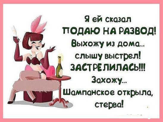 Я ей сказал поддю нд рдзвод Выхожу из дома слышу выстрел ЗАСТРЕПИПАСЬ Захожу Шампанское открыла _ стерва