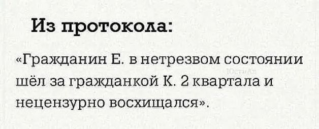 Из протокола Гражданин Е в нетрезвом состоянии шёл за гражданкой К 2 квартала и нецензурно восхищался