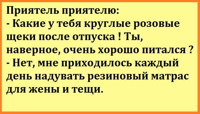 Приятель приятелю Какие у тебя круглые розовые щеки после отпуска Ты наверное очень хорошо питался Нет мне приходилось каждый день надувать резиновый матрас для жены и тещи