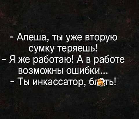 Алеша ты уже вторую сумку теряешь Я же работаю А в работе возможны ошибки Ты инкассатор баты