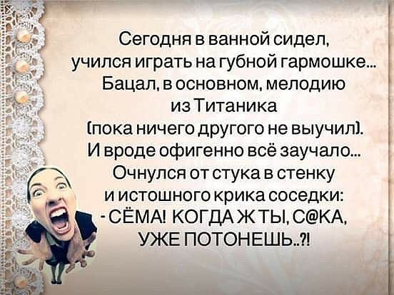 Сегодня в ванной сидел учился играть на губной гармошке Бацал в основном мелодию из Титаника пока ничего другого не выучил И вроде офигенно всё заучапо Очнулся от стука в стенку и истошного крика соседки СЁМА КОГДАЖТЫСКА УЖЕ ПОТОНЕШЬ