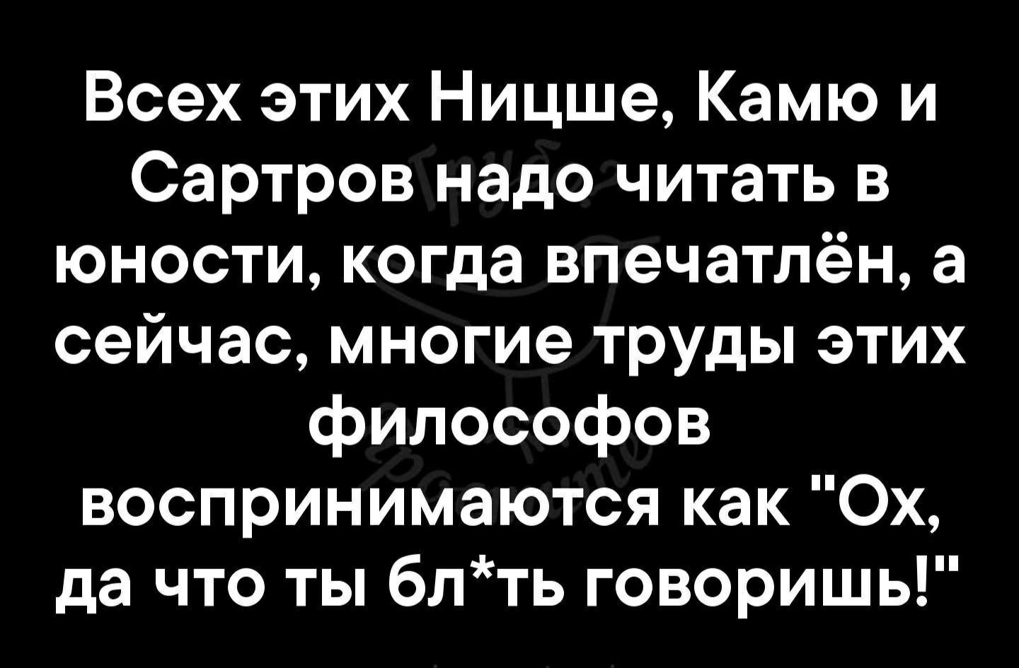 Всех этих Ницше Камю и Сартров надо читать в юности когда впечатлён а сейчас многие труды этих философов воспринимаются как Ох да что ты блть говоришь
