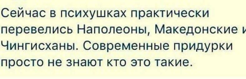 Сейчас в психушках практически перевелись Наполеоны Македонские Чингисханы Современные придурки просто не знают кто это такие