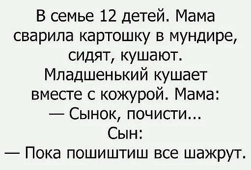 В семье 12 детей Мама сварила картошку в мундире сидят кушают Младшенький кушает вместе с кожурой Мама Сынок почисти Сын Пока пошиштиш все шажрут