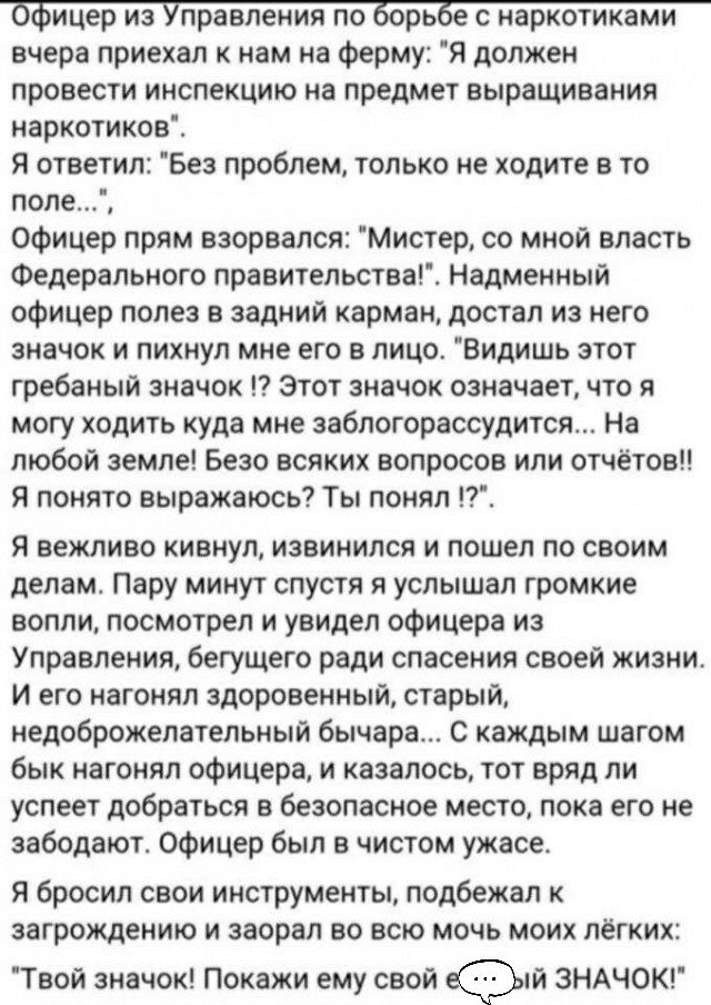бёицер ИЗ Управления ПО ббрьбе С наркотиками вчера приехал к нам на ферму Я должен провести инспекцию на предмет выращивания наркотиков Я ответил Без проблем только не ходите в то поле офицер прям взорвался Мистер со мной впасть Федерального правительства Надменный офицер полез в задний карман достал из него значок и пихнул мне его в лицо Видишь этот гребаный значок Этот значок означает что я могу