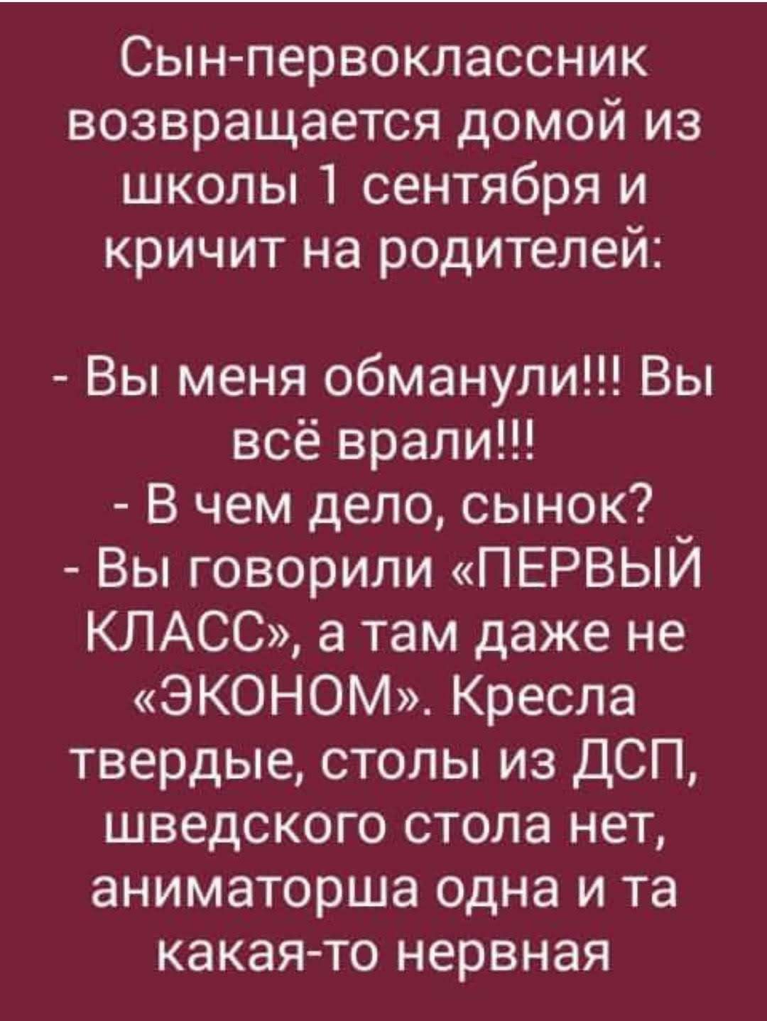 Сын первоклассник возвращается домой из школы 1 сентября и кричит на родителей Вы меня обманули Вы всё врали В чем дело сынок Вы говорили ПЕРВЫЙ КЛАСС а там даже не ЭКОНОМ Кресла твердые столы из ДСП шведского стола нет аниматорша одна и та какая то нервная