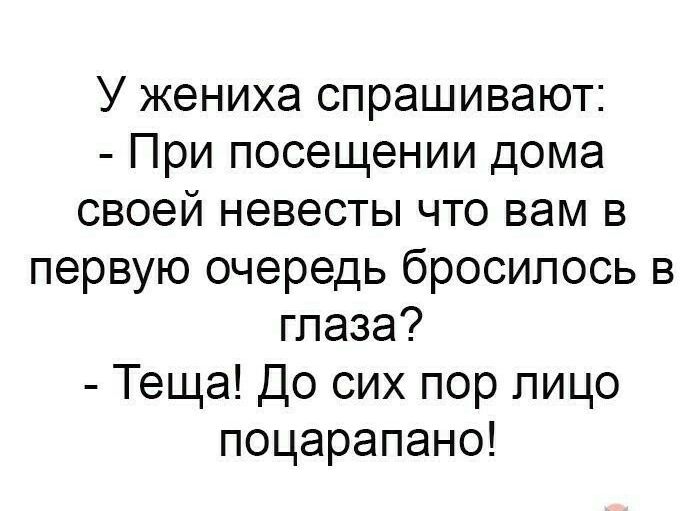 У жениха спрашивают При посещении дома своей невесты что вам в первую очередь бросилось в глаза Теща До сих пор пицо поцарапано