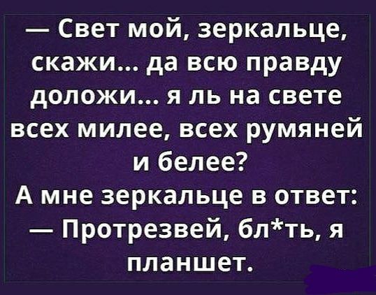 Свет мой зеркальце скажи да всю правду доложи я ль на свете всех милее всех румяней и белее А мне зеркальце в ответ Протрезвей блть я планшет