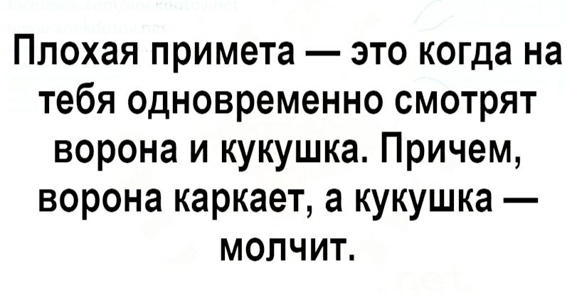 Плохая примета это когда на тебя одновременно смотрят ворона и кукушка Причем ворона каркает а кукушка молчит