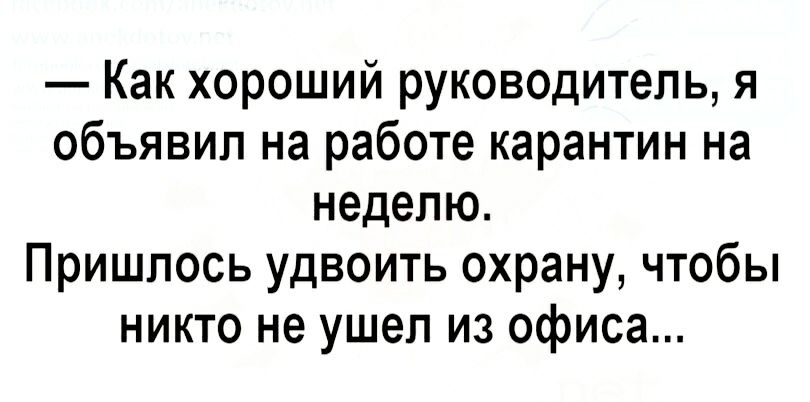 Как хороший руководитель я объявил на работе карантин на неделю Пришлось удвоить охрану чтобы никто не ушел из офиса