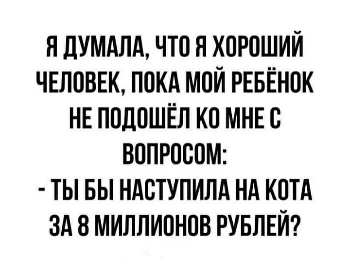 Я ДУМАЛА ЧТО Я ХОРОШИЙ ЧЕЛОВЕК ПОКА МОЙ РЕБЁНОК НЕ ПОДОШЁЛ КО МНЕ О ВОПРОООМ ТЫ БЫ НАОТУПИЛА НА КОТА ЗА 8 МИЛЛИОНОВ РУБЛЕЙ