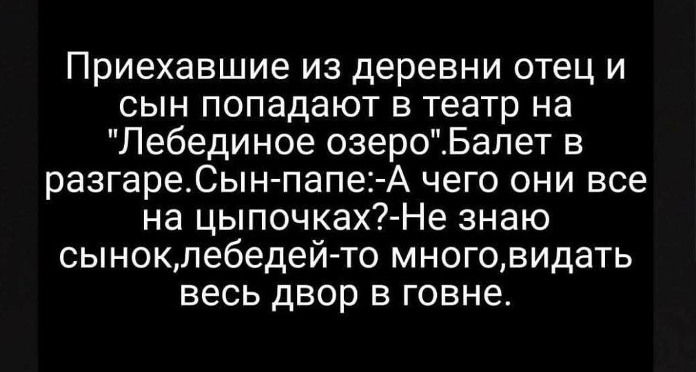 Приехавшие из деревни отец и сын попадают в театр на Лебединое озероБапет в разгареСын папе А чего они все на цыпочках Не знаю сыноклебедей то многовидать весь двор в говне