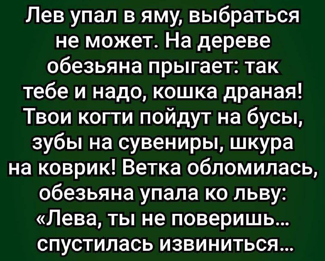 Лев упал в яму выбраться не может На дереве обезьяна прыгает так тебе и надо кошка драная Твои когти пойдут на бусы зубы на сувениры шкура на коврик Ветка обломилась обезьяна упала ко льву Лева ты не поверишь спустилась извиниться