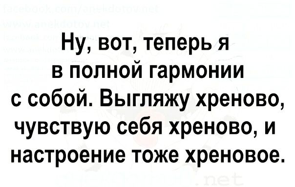 Ну вот теперь я в полной гармонии с собой Выгляжу хреново чувствую себя хреново и настроение тоже хреновое