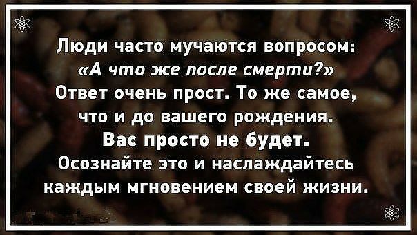 г и Люди часто мучаются вопросом А что же после смерти Ответ очень прост То же самое что и до вашего рождения Вас просто не будет Осознайте это и наслаждайтесь каждым мгновением своей жизни