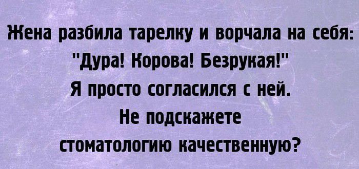 Жена разбила тарелку и ворчала на себя дура Норова Безруная Я просто согласился с ней Не подскажете стоматологию качественную