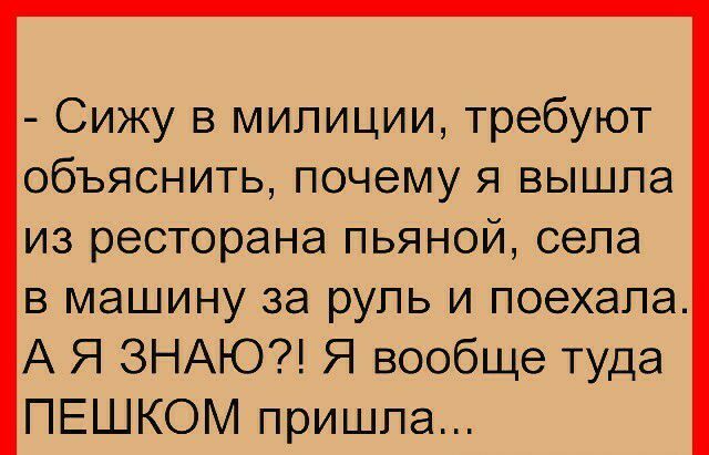 Сижу в милиции требуют объяснить почему я вышла из ресторана пьяной села в машину за руль и поехала А Я ЗНАЮ Я вообще туда ПЕШКОМ пришла