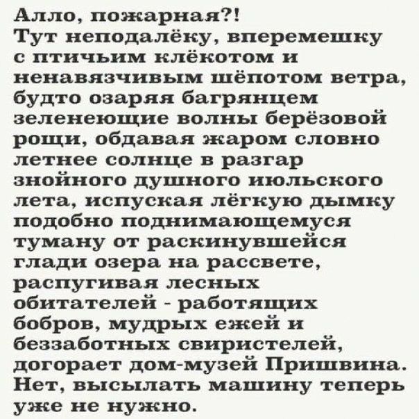 Алло пожарная Тут неподалёку вперемешку птичьим клёкотом и ненавязчивым шёпотом ветра будто озаряя багрянцем зеленеющие волны берёзовой рощи обдавая жаром словно летнее солнце в разгар знойного душного июльского лета испуская лёгкую дымку подобно поднимающемуся туману от раскинувшейся глади озера на рассвете распугивая лесных обитателей работящих бобров мудрых ежей и беззаботных свиристелей догора