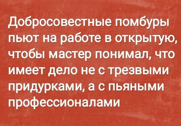 добросовестные помбуры пьют на работе в открытую чтобы мастер понимал что имеет дело не с тре3выми придурками а с пЬяными профессионалами