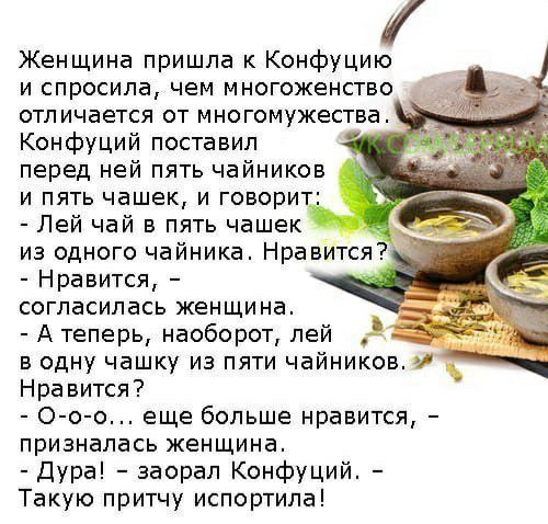 Женщина пришла к Конфуцию и спросила чем многоженство отличается от многомужества Конфуций поставил перед ней пять чайников и пять чашек и говорит Лей чай в пять чашек Нравится согласилась женщина Атеперь наоборот лей в одну чашку из пяти чайников Нравится 0 о 0 еще больше нравится призналась женщина Дура заорал Конфуций Такую притчу испортила