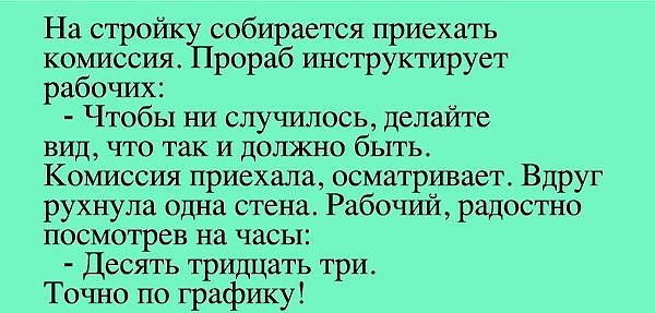 На стройку собирается приехать комиссия Прораб инструктирует рабочих Чтобы ни случилось делайте вид что так и должно быть Комиссия приехала осматривает Вдруг рухнула одна стена Рабочий радостно посмотрев на часы Десять тридцать три Точно по графику