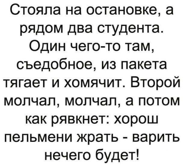 Стояла на остановке а рядом два студента Один чего то там съедобное из пакета тягает и хомячит Второй молчал молчал а потом как рявкнет хорош пельмени жрать варить нечего будет