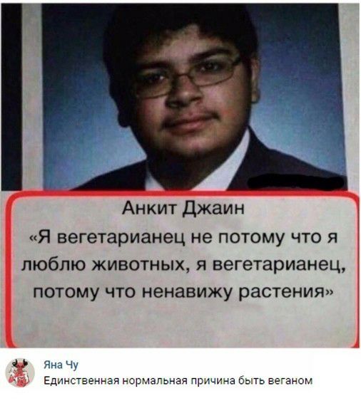 Анкит Джаин Я вегетарианец не потому что я люблю животных я вегетарианец потому что ненавижу растения ькц Единственнэя нсрчагьая причнча выть вечном