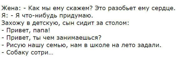 Жена Как мы ему скажем Это разобьет ему сердце Я Я что нибудь придумаю Захожу в детскую сын сидит за столом Привет папа Привет ты чем занимаешься Рисую нашу семью нам в школе на лето задали Собаку сотри