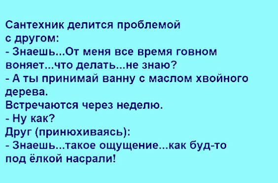 Сантехник делится проблемой дРУГом 3наешь0т меня все время говном воняетчто депатьне знаю А ты принимай ванну с маслом хвойного дерева Встречаются через неделю ну как друг принюхиваясь 3наешьтакое ощущениекак буд то под ёлкой насрапи