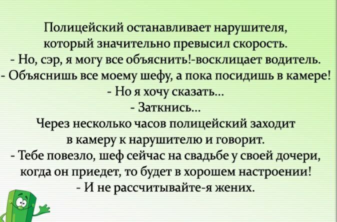 Полицейский останавливает нарушителя который значительно превысил скорость Но сэр я могу все объяснитьвосклицает водитель Объяснишь все моему шефу а пока посидишь в камере Но я хочу сказать Заткнись Через несколько часов полицейский заходит в камеру к нарушителю и говорит Тебе повезло шеф сейчас на свадьбе у своей дочери когда он приедет то будет в хорошем настроении И не рассчитывайте я жених