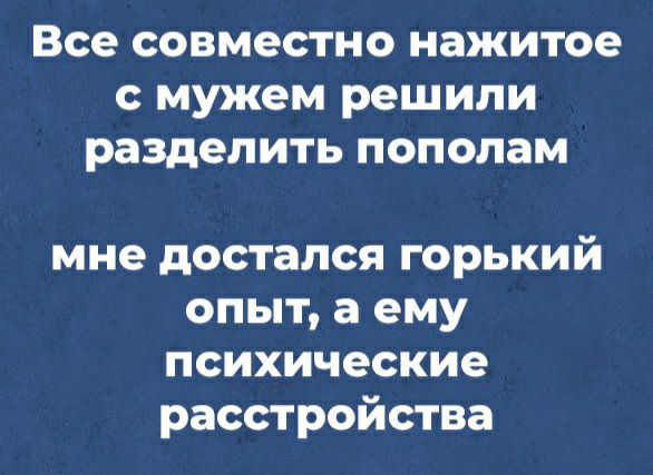 Все совместно нажитое с мужем решили разделить пополам мне достался горький опыт а ему психические расстройства