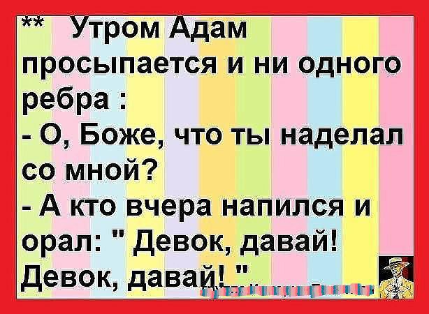 Утром Адам просыпается и ни одного ребра О Боже что ты наделал со мной А кто вчера напился и орал Девок давай Девок дЗВЗЦтг гп П ь имён