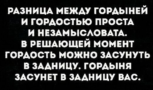 мзнищ между гордыней и гордостью ПРОСТА и НЕЗАМЫСАОВАТА в РЕШАЮЩЕЙ момент гордость можно сунуть в зААницу гордыня ЗАСУНЕТ в зААНИЦУ ВАС