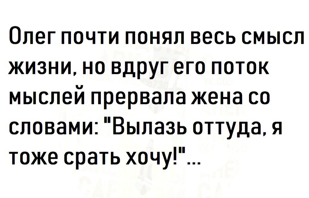 Олег почти понял весь смысл жизни но вдруг его поток мыслей прервала жена со словами Вылазь оттуда я тоже срать хочу