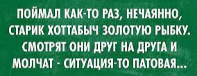 ПОЙМАЛ КАК ТО РАЗ НЕЧАЯННО СТАРИК ХОТТАБЫЧ ЗОЛОТУЮ РЫБКУ СМОТРЯТ ОНИ дРУТ НА дРУТА И МОЛЧАТ СИТУАЦИЯ ТО ПАТОВАЯ