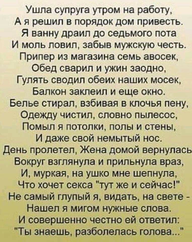 Ушла супруга утром на работу А я решил в порядок дом привесть Я ванну драип до седьмого пота И моль ловил забыв мужскую честь Припер из магазина семь авосек Обед сварил и ужин заодно Гулять сводил обеих наших мосек Балкон заклеил и еще окно Белье стирал взбивая в клочья пену Одежду чистил словно пылесос Помыл я потолки полы и стены И даже свой немытый нос день пролетел Жена домой вернулась Вокруг 