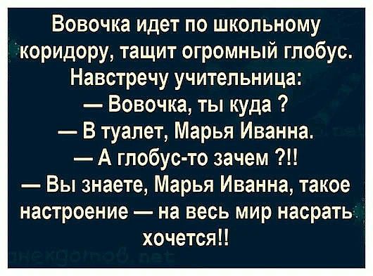 Вовочка идет по школьному коридору тащит огромный глобус Навстречу учительница Вовочка ты куда В туалет Марья Иванна А глобус то зачем Вы знаете Марья Иванна такое настроение на весь мир насрать хочется