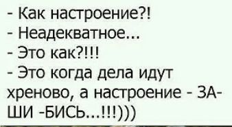 Как насгроение Неадекватное Это как Это когда дела идут хреново а настроение ЗА ШИ БИСЬ