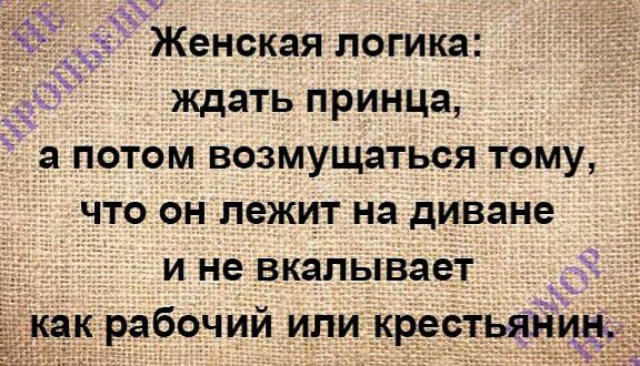 Женская логика _ ждать принца _а потом возмущаться тбму что он лежит на диване и не вкалЫвает ак абоний цлиікрес В и